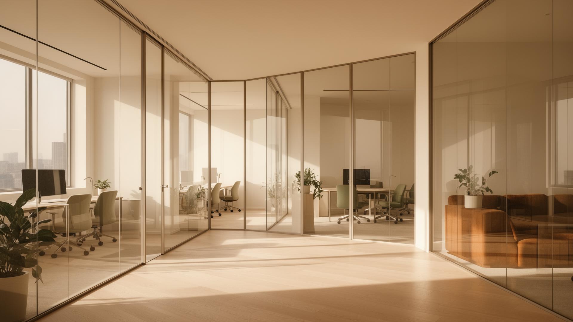 Lean Luxury Coworking Space mit Glastrennwänden und Holzboden in Düsseldorf
