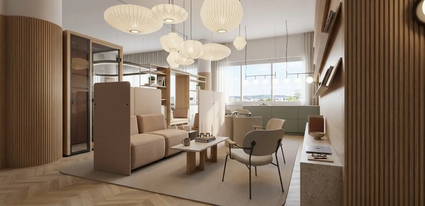 Lounge mit Sofas und Papierleuchten, space for company im Colorium Düsseldorf